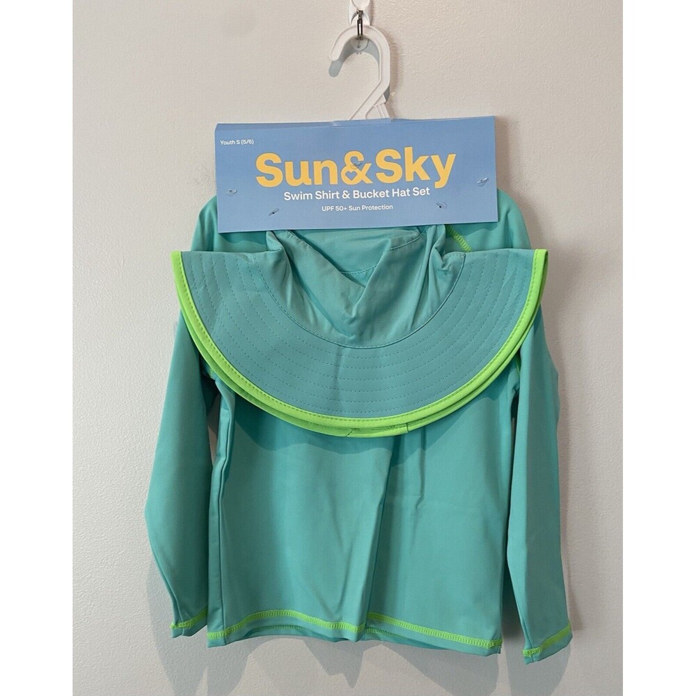 Sun & Sky Aqua & Green UPF  Long Sleeve Swim Shirt & Bucket Hat. Kids ￼Small